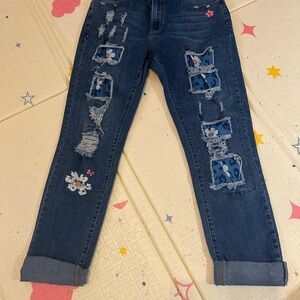 Floral Patchwork Distressed Ankle Jeans